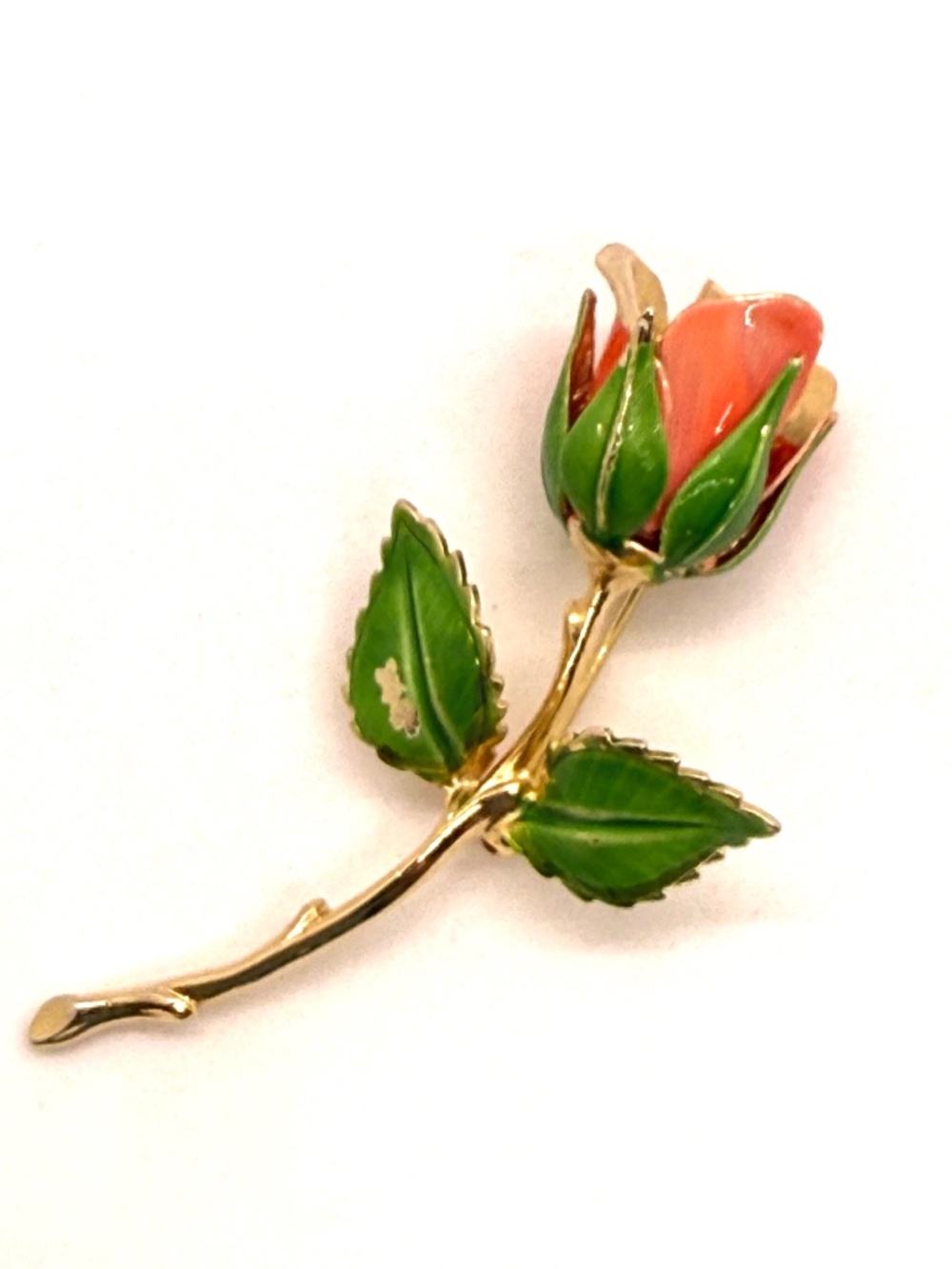 Giovanni Signed Gold Tone Long Stem Coral Pink Rose Brooch Pin